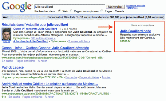Julie Couillard en publicitÃ© sur Google